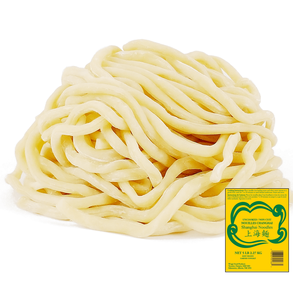 Thick round white shanghai noodles with package thumbnail on the side