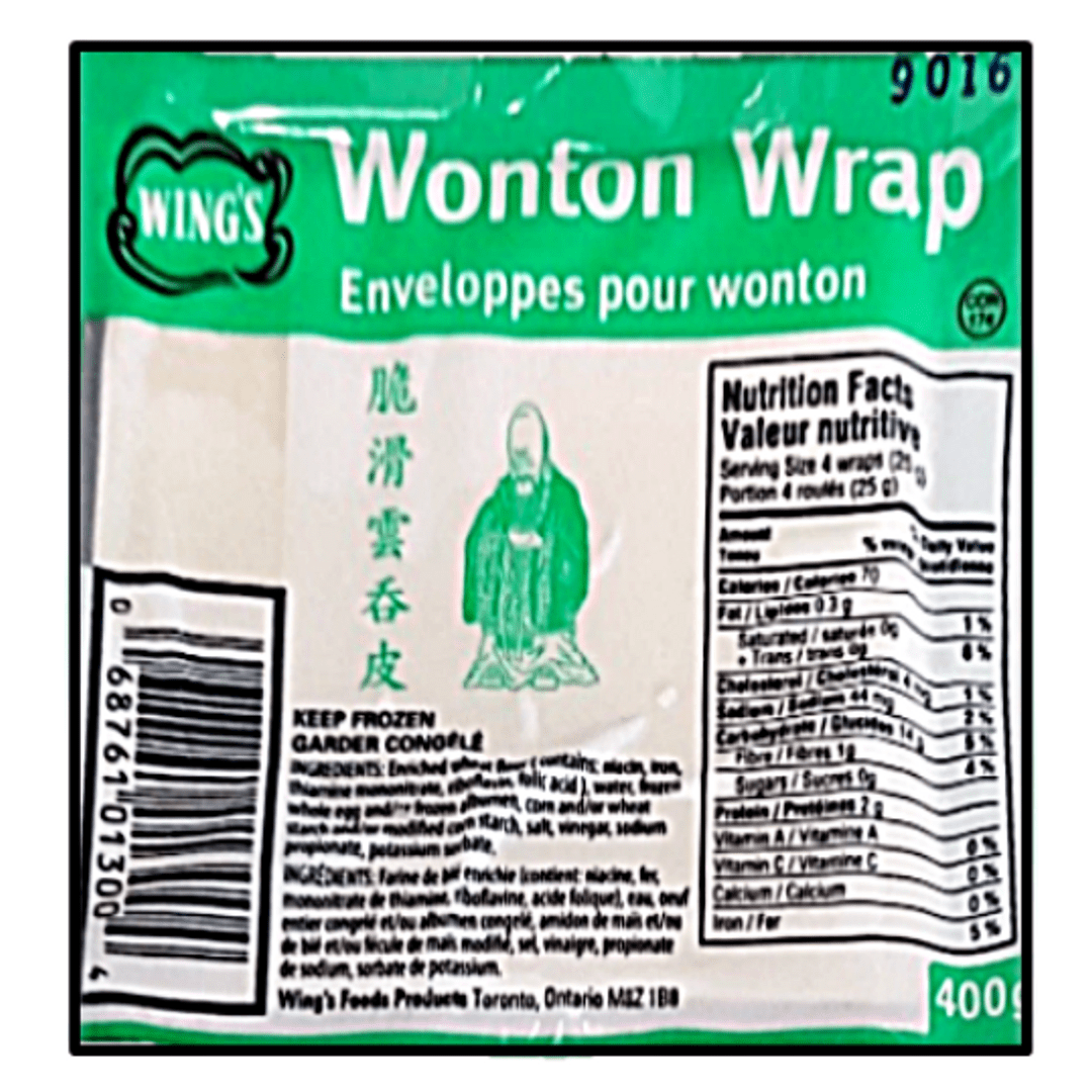 Green and white packaging of wonton wrappers