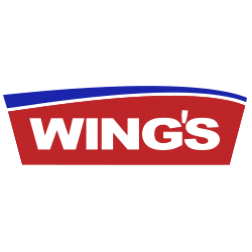 Wing's logo with red and blue background and white text
