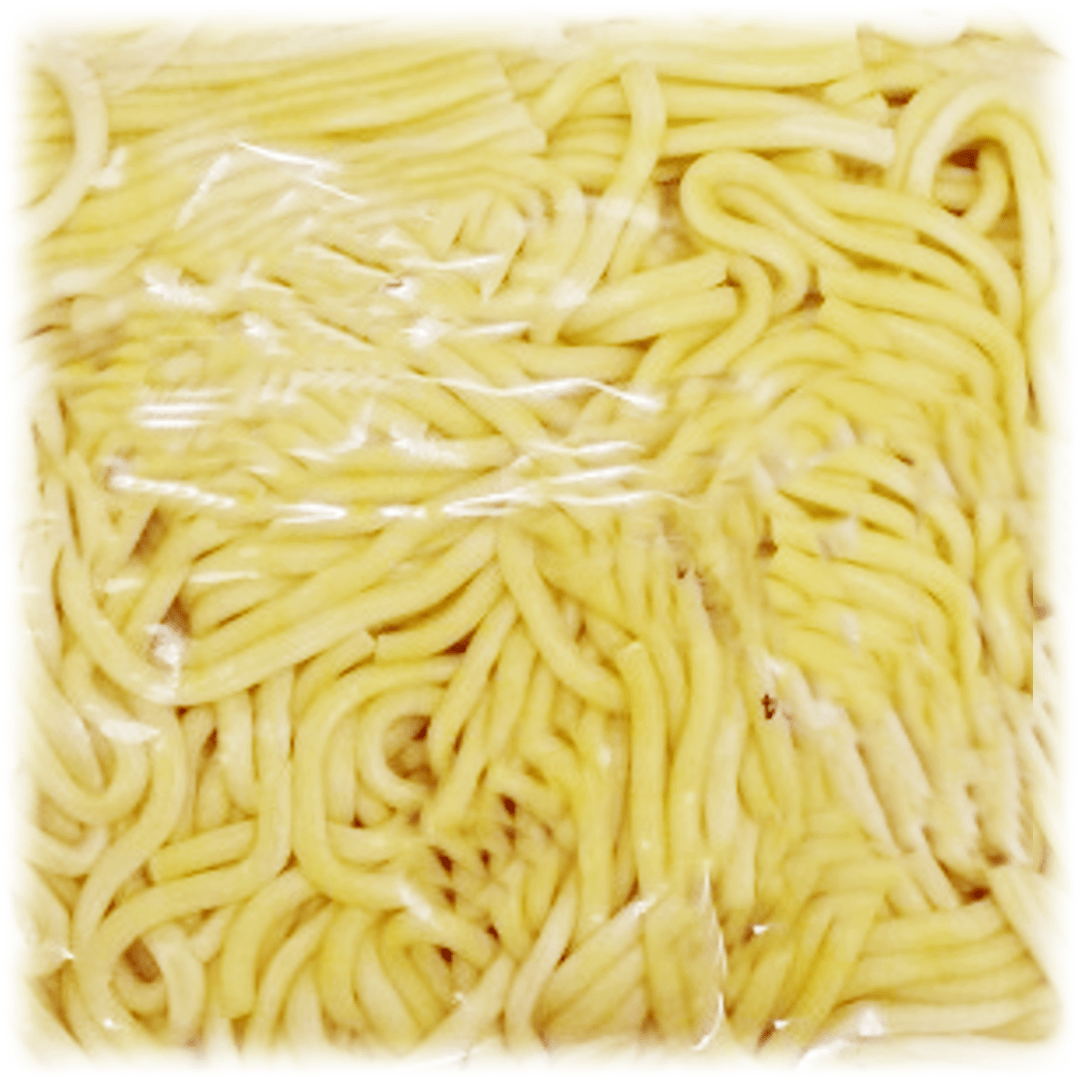 Thick round pale yellow coloured noodles